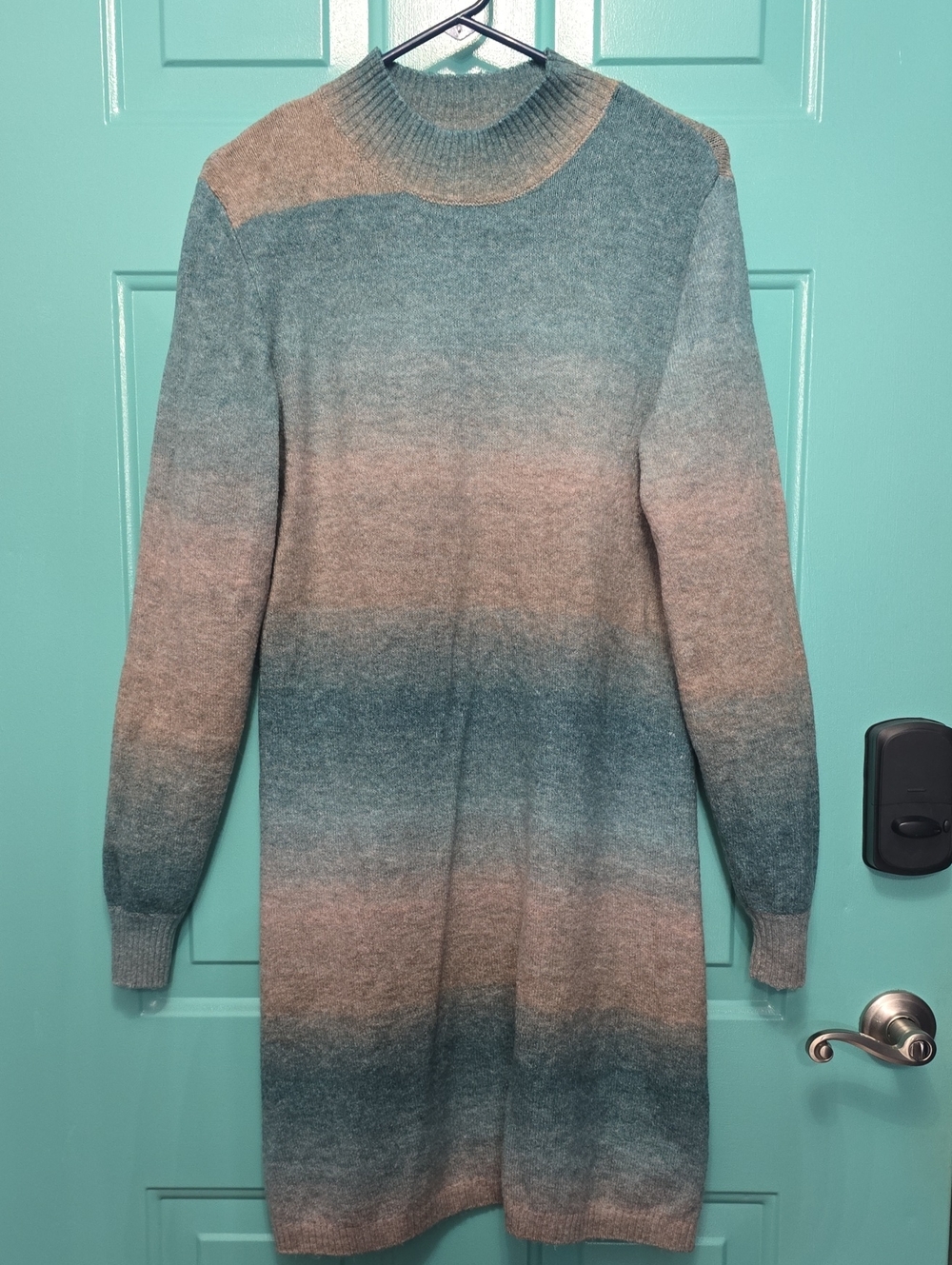 Falls Creek Ombre Cowl-Neck Sweater Dress in Teal and Taupe